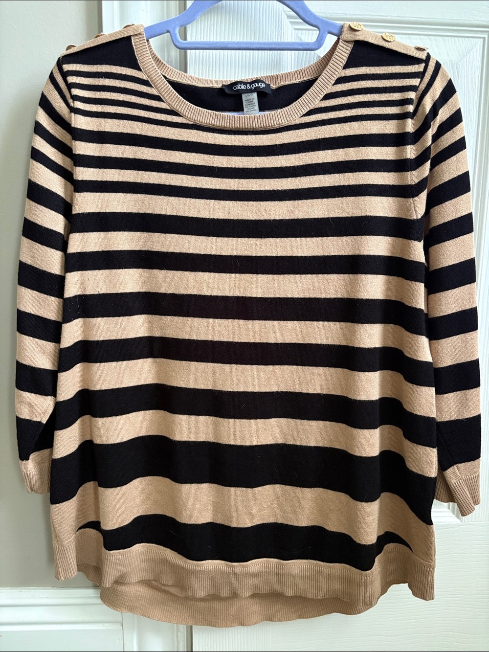 Cable & Gauge Black and Camel Striped Crewneck Sweater with Shoulder Buttons